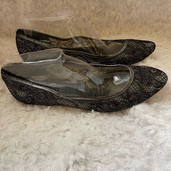 Talbots collection black and silver lace flats leather soles size 11 - Picture 3 of 7